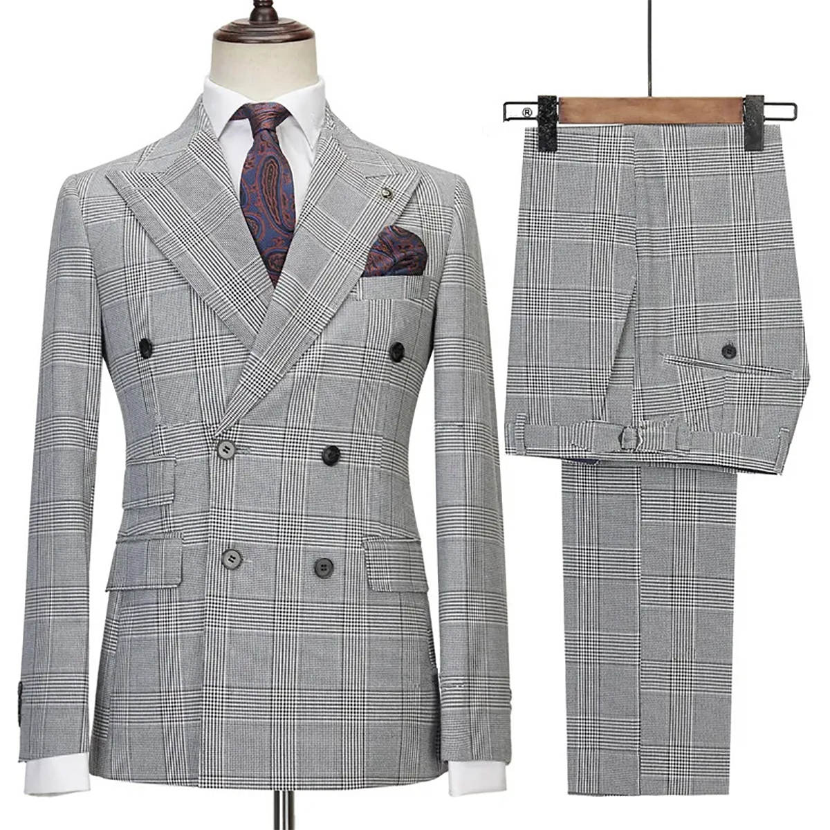 Men's Grey Prince of Wales Check Double Breasted Suit 2-Piece Slim Fit Business Wedding Blazer & Trousers