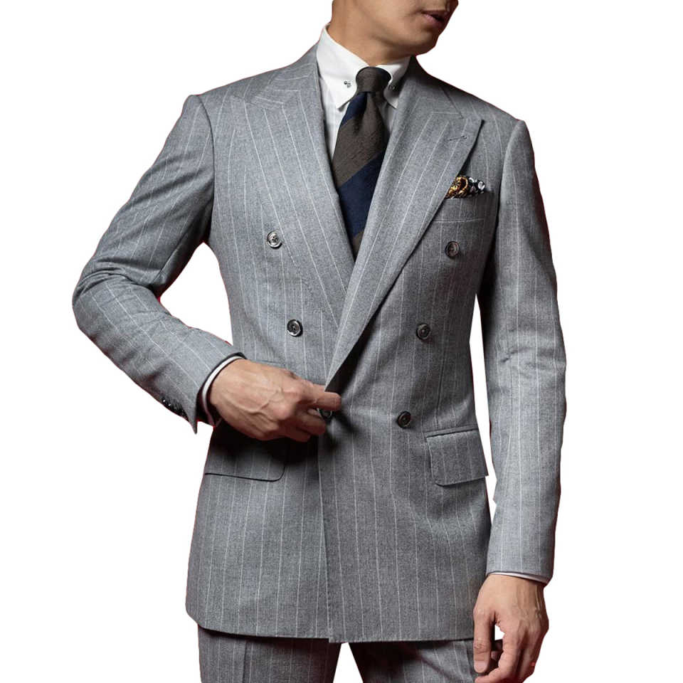 Men's Light Grey Chalk Stripe Double Breasted 2-Piece Wool Suit, Peak Lapel Slim Vintage Business Blazer & Trousers