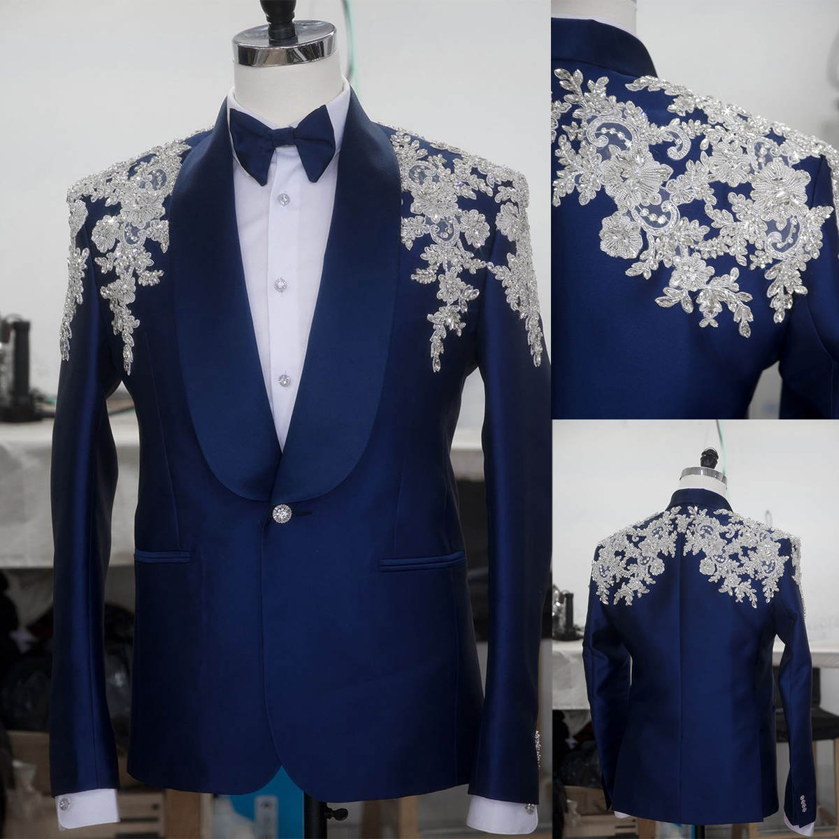 Men's Royal Blue Satin Shawl Lapel Tuxedo Jacket, Hand Silver Floral Rhinestone Embroidery On Shoulders Slim Formal Blazer for Groom Wedding Banquet