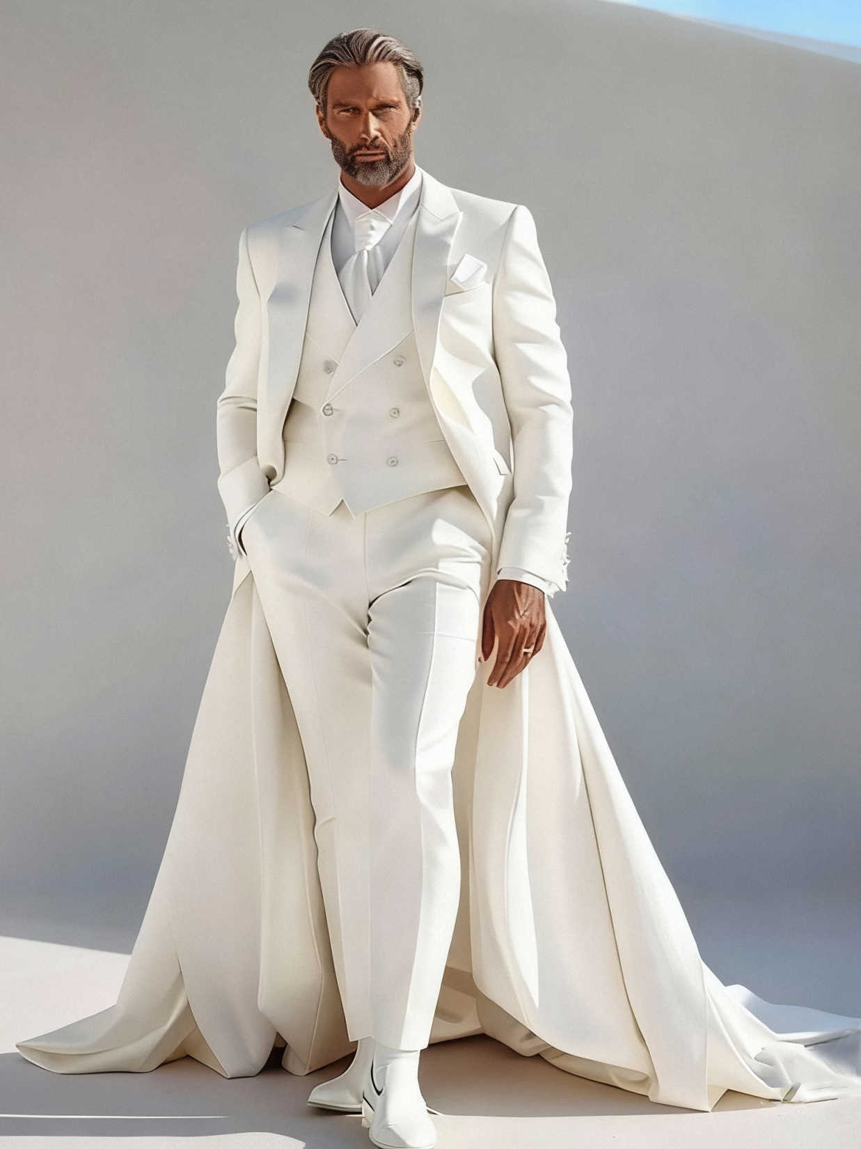 Men's 3 Piece Long Train Tuxedo Double Breasted Waistcoat Wedding Photoshoot Suit