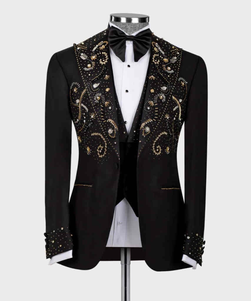 Luxury Men's Tuxedo Handmade Gold Beads Formal One Button Blazers Black Slim Prom Jacket for Wedding，Party，Dinner