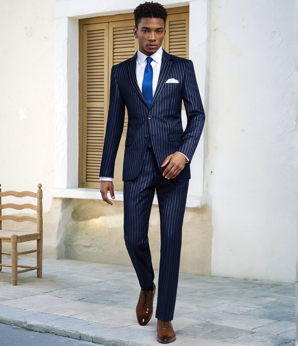 Men's Slim Fit Navy Pinstripe 2 Piece Suit, Two Button Business Formal Blazer & Trousers Set for Wedding Office
