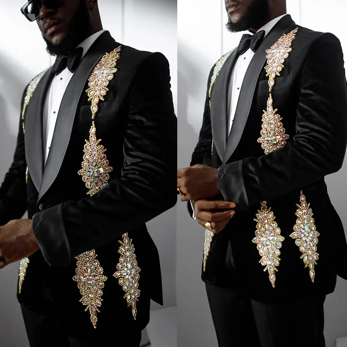 Men White Rhinestone Lapel Double Breasted Tuxedo Black Pants Wedding Formal Suit