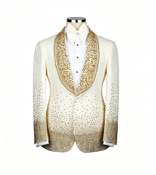 Men's Jacquard Tuxedo Blazer with Beads Crystal for Wedding | Slim Fit, Single-Breasted Party Blazer with rhinestone for Gala,Dinner,Party,Prom, Homecoming