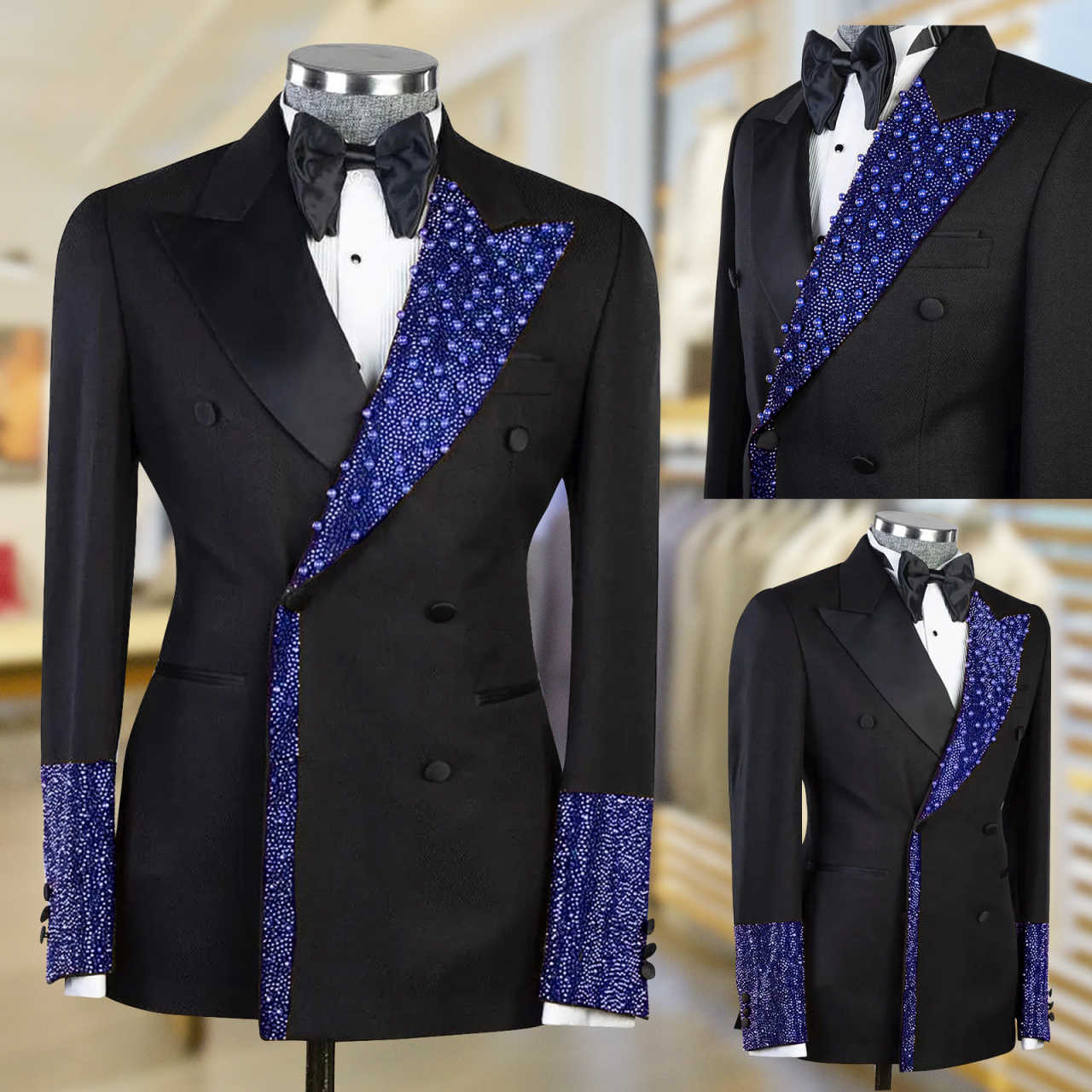 Men's Luxury Tuxedo Slim Fit Wedding Groom Men Black and Gold Sequin Peaked Lapel for Prom Party Dinner