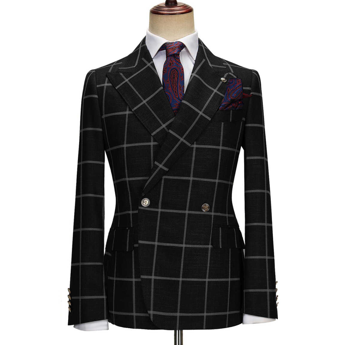 Men's Checked Blazer Peak Lapel Double Breasted Buttons Coat for Daily Business Trip