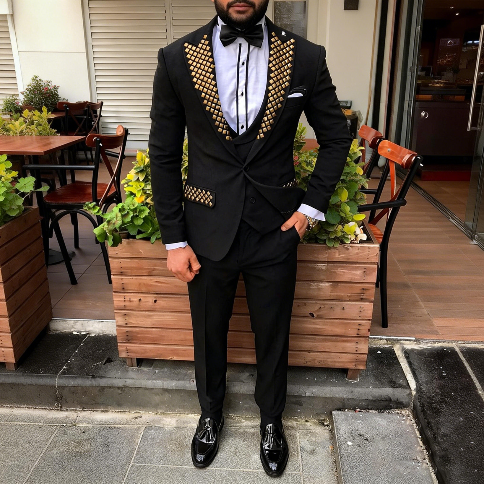 Men Black 3 Piece Tuxedo with Gold Square Studs Lapel Slim Fit Wedding Party Stage Formal Suit