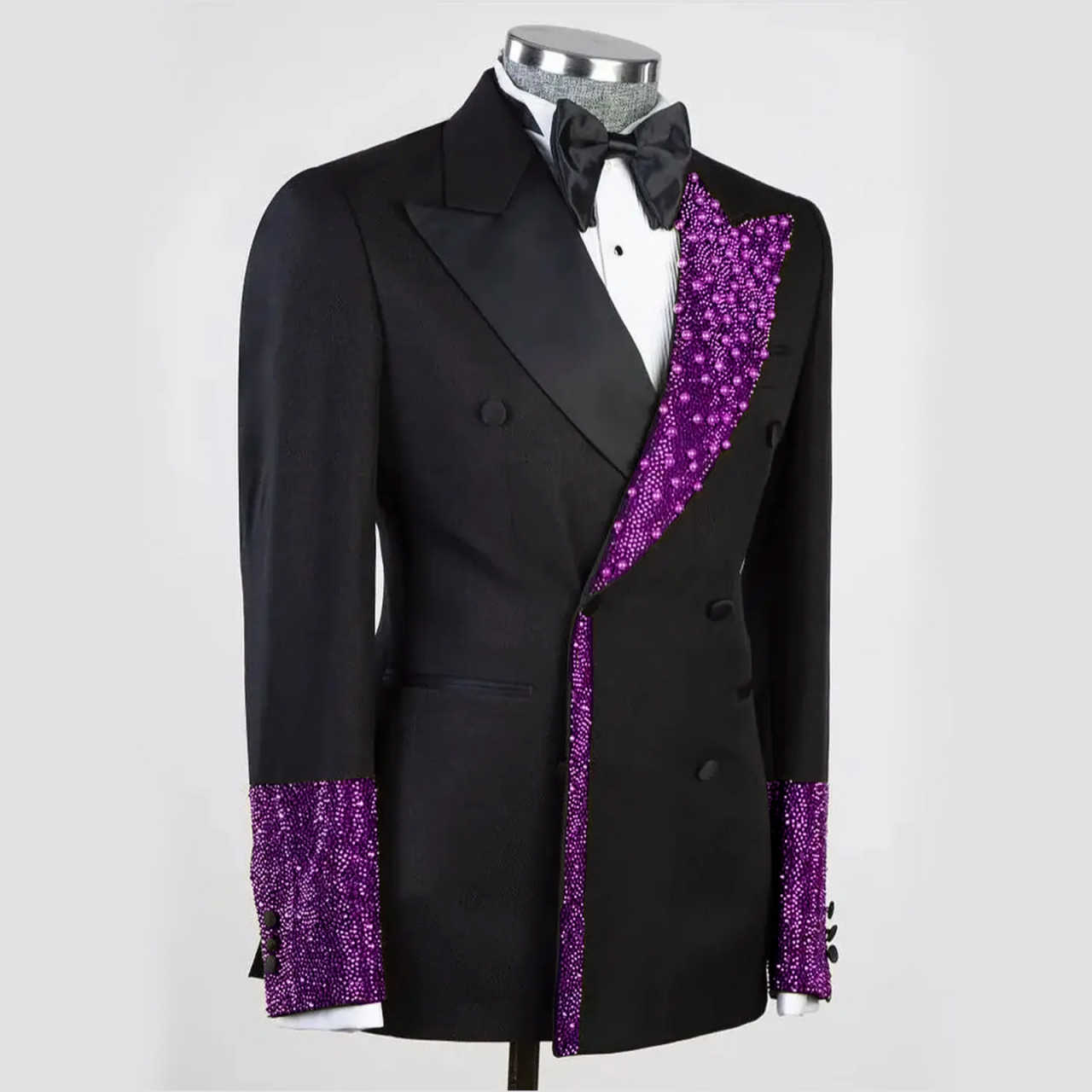 Men's Luxury Tuxedo Slim Fit Wedding Groom Men Black and Gold Sequin Peaked Lapel for Prom Party Dinner