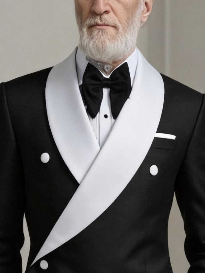 Men's Asymmetric Satin Shawl Lapel Double Breasted Tuxedo Black & White Formal Suit