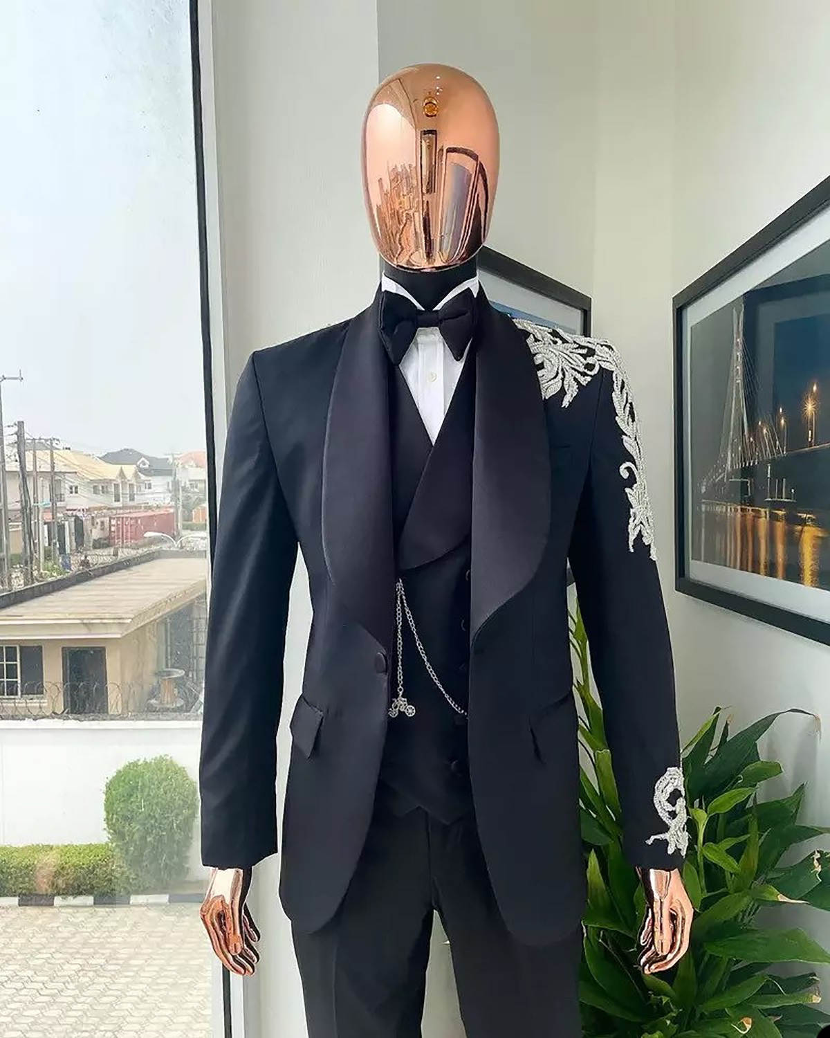 Men's 3-Piece Black Tuxedo with Velvet Shawl Lapel, Hand Silver Floral Beaded Embroidery Suit for Groom Wedding Stage Performance