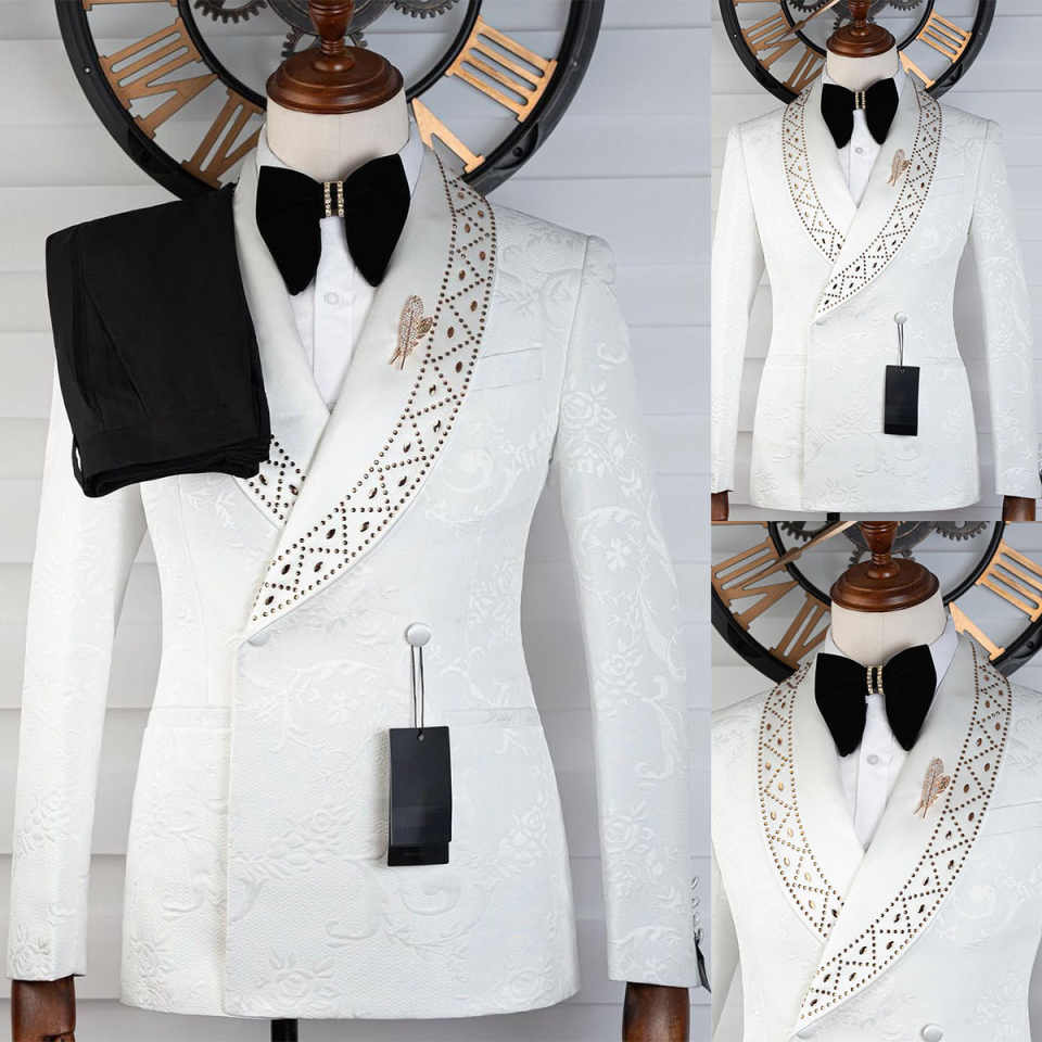 Elegant Wedding Suits For Groom Shawl Lapel Double Breasted Rhinestone Tuxedos 2 Pcs Jacket Pants Party Prom Customized