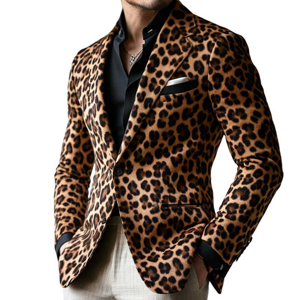 Men's Vintage Leopard Print Velvet Blazer, Notch Lapel Single Button Slim Trendy Casual Sport Coat For Street Commute