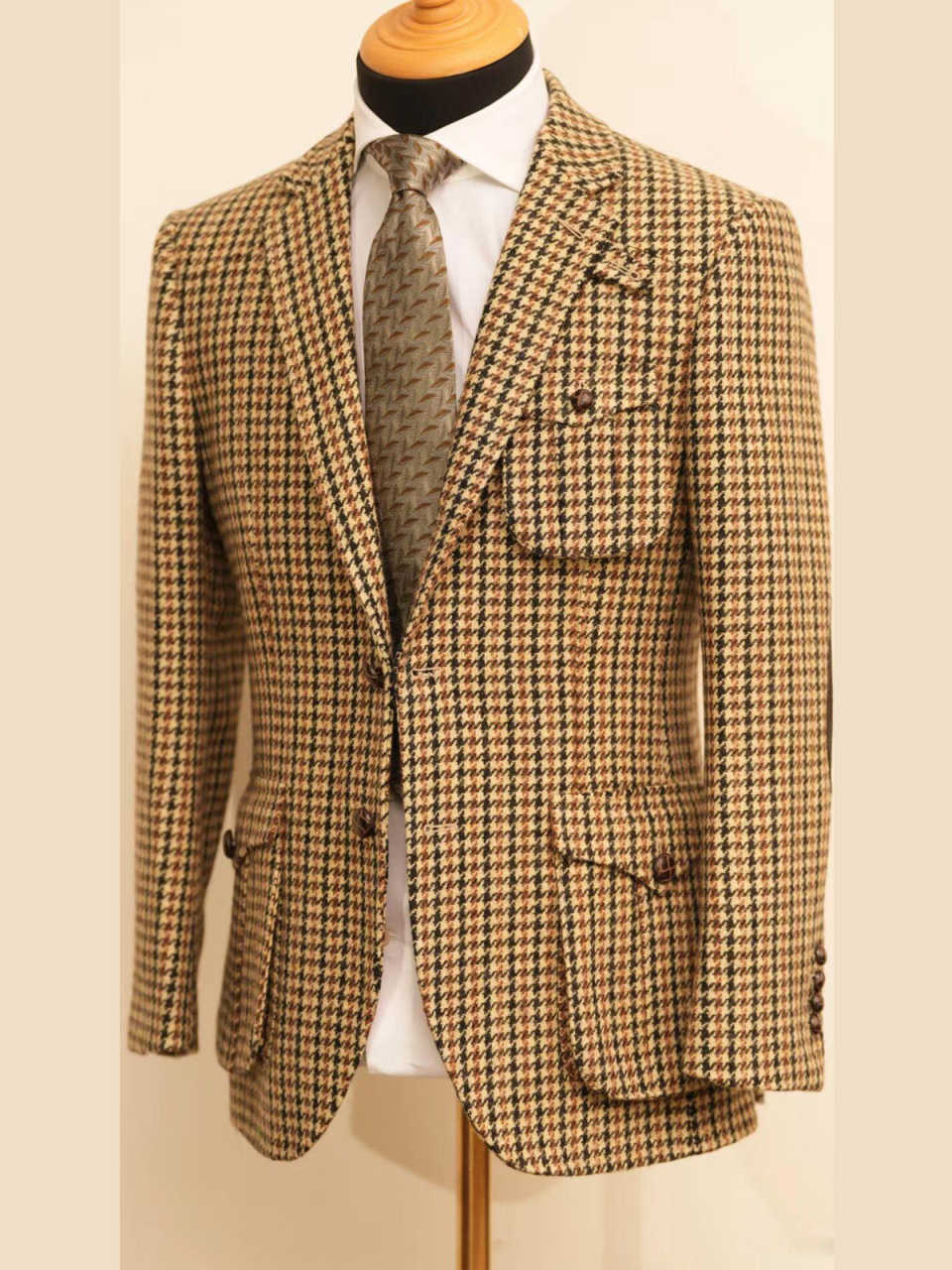 Men's Vintage Brown Houndstooth Tweed Single Breasted Blazer, Notch Lapel British Wool Casual Sport Coat for Autumn Winter