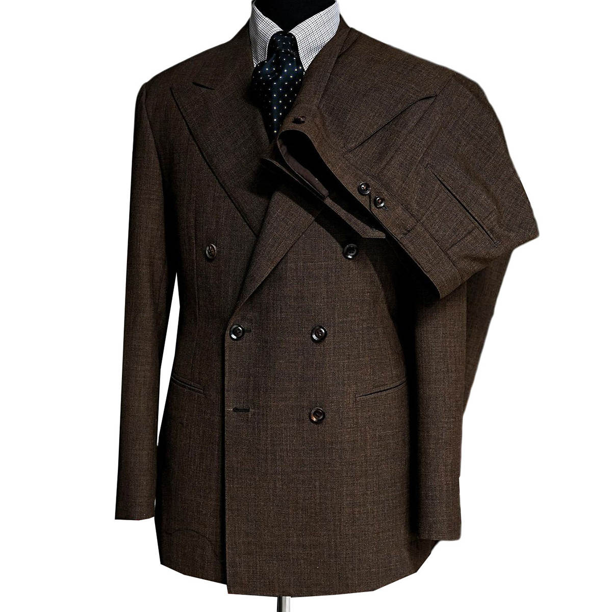 Men's Dark Brown Wool Double Breasted Suit 2-Piece, Peak Lapel Slim Fit Vintage British Business Blazer & Trousers