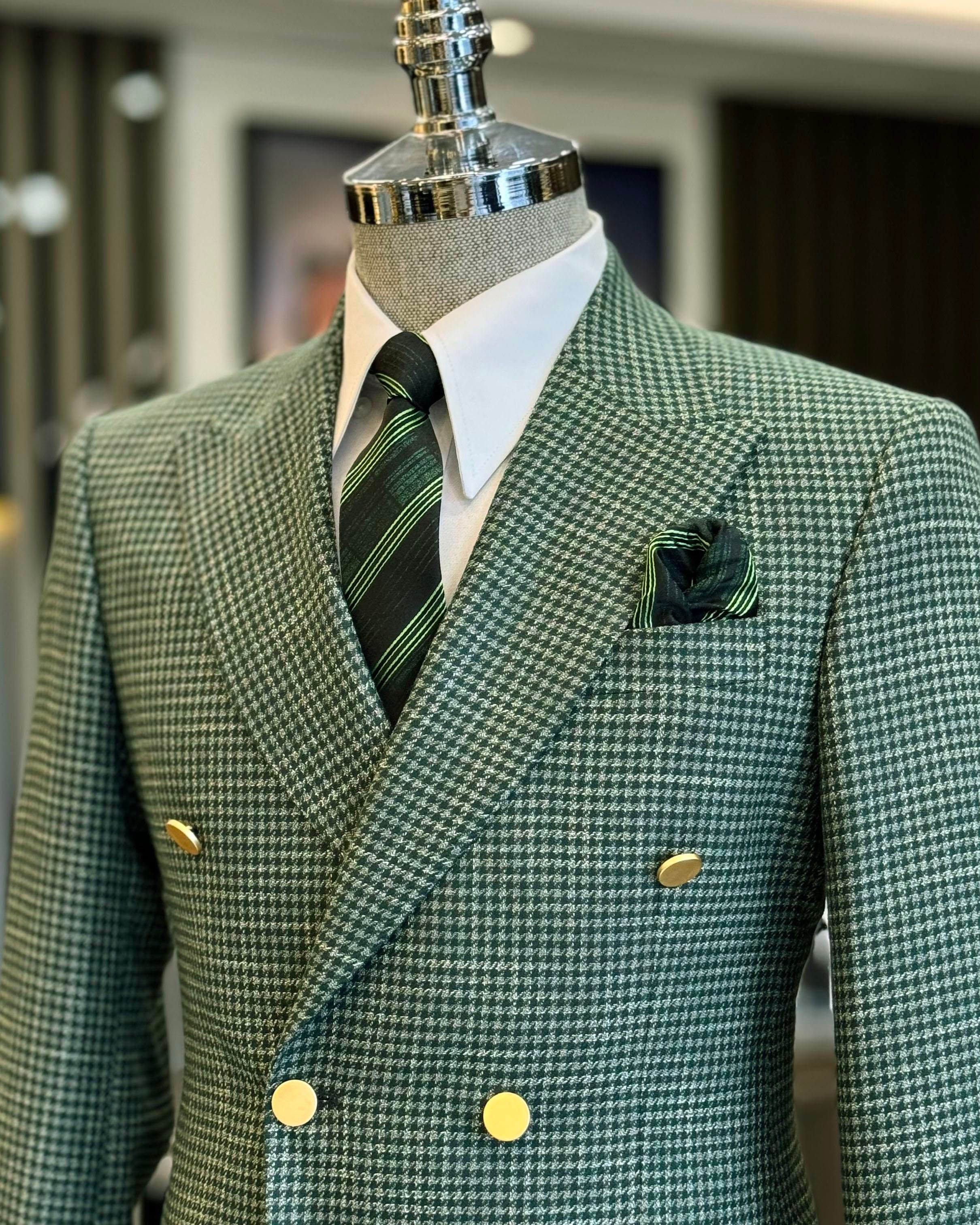 Men's Green Mini Houndstooth Wool Double Breasted Blazer, Peak Lapel Vintage British Sport Coat with Gold Metal Buttons