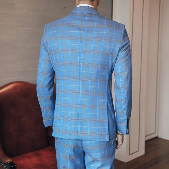 Men's Plaid Tuxedo Jacket Vest Pants 3 Piece Long Sleeve Business Wedding Double Breasted Checkered Suit Set Formal Prom