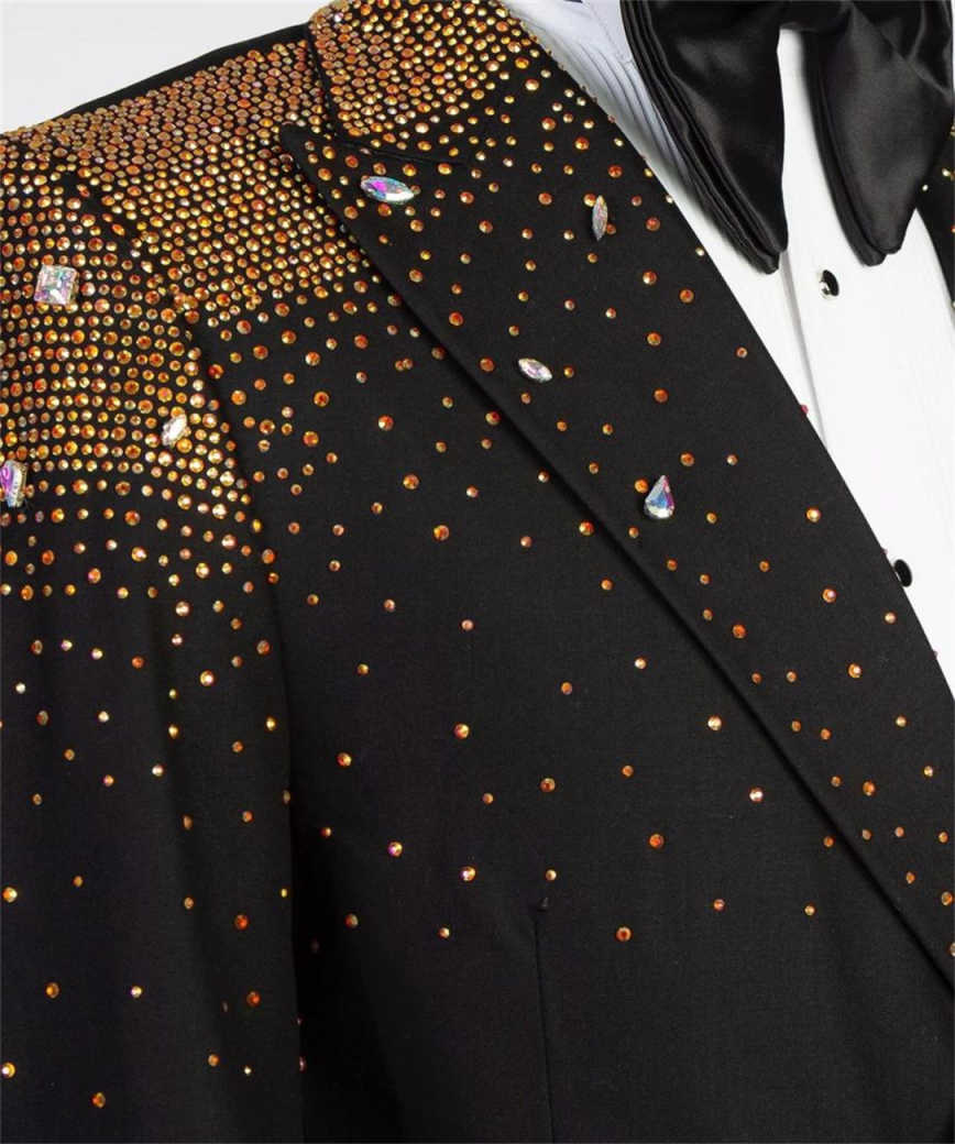 Men's Black Matte Tuxedo Jacket with Peak Lapel, Gradient Gold AB Rhinestones From Shoulder To Hem, Slim Formal Blazer for Groom Stage Banquet