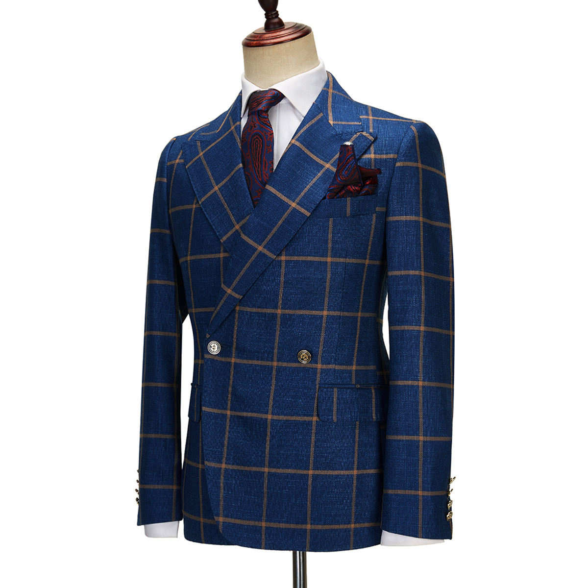 Men's Checked Blazer Peak Lapel Double Breasted Buttons Coat for Daily Business Trip