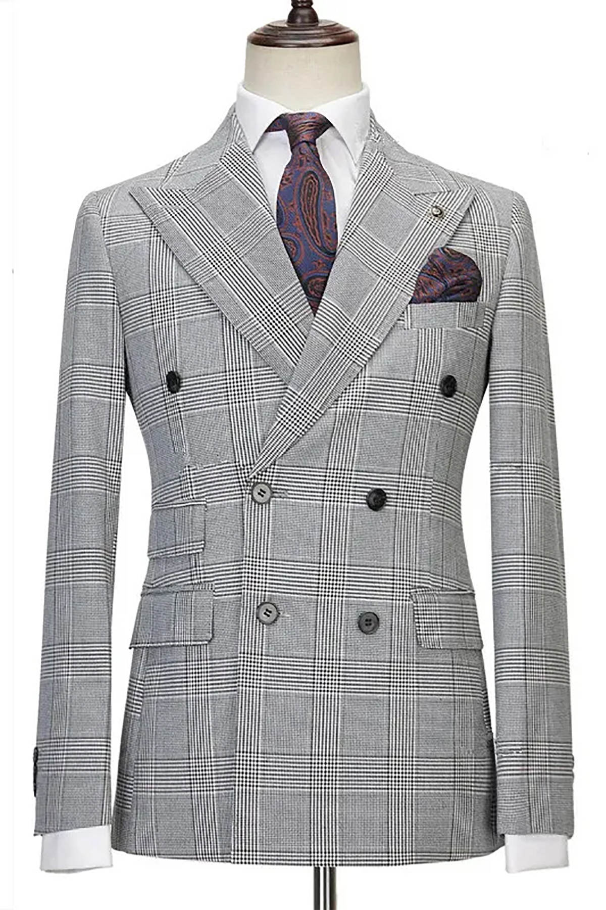 Men's Grey Prince of Wales Check Double Breasted Suit 2-Piece Slim Fit Business Wedding Blazer & Trousers