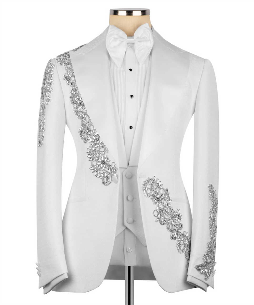 4 Pieces Men's Tuxedo Suits Slim Luxury Rhinestones Blazer Vest Pants with Tie Set for Wedding,Prom,Party,Dinner