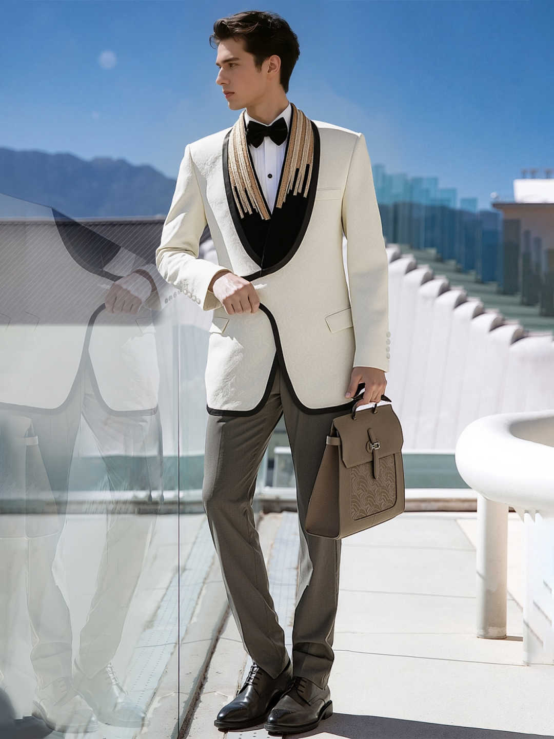 Custom White Jacquard Slim Tuxedo with Gold Rhinestone Tassel Shawl Lapel for Wedding Host Groom
