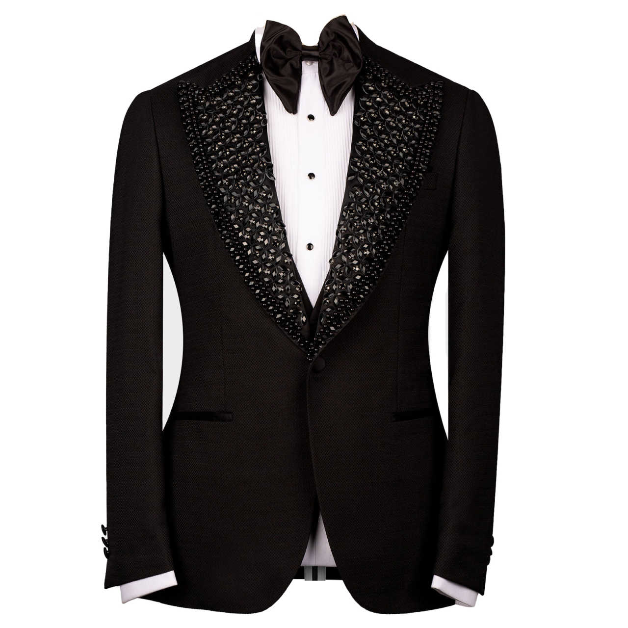 Men's Black Honeycomb Textured Tuxedo Jacket, Peak Lapel Fully Decorated with 3D Black Rhinestone Florals, Slim Formal Blazer for Wedding Banquet Stage