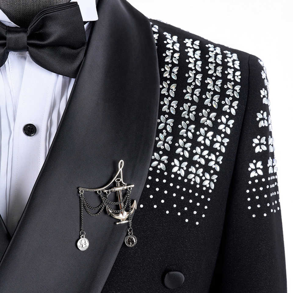 2 Pieces Men Tuxedo Suit with Rhinestones Shawl Lapel Blazer Slim Jacket Pants Set for Wedding，Prom,Party,Dinner