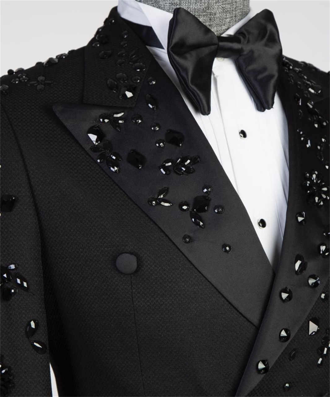 Luxury Men's 2 Piece Suit Slim Fit Double Breasted Beads Crystal Party Wedding Tuxedo Suits Blazer Jacket Pants Set