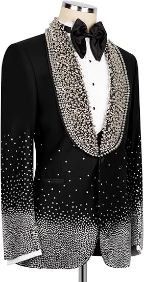 Men's Jacquard Tuxedo Blazer with Beads Crystal for Wedding | Slim Fit, Single-Breasted Party Blazer with rhinestone for Gala,Dinner,Party,Prom, Homecoming