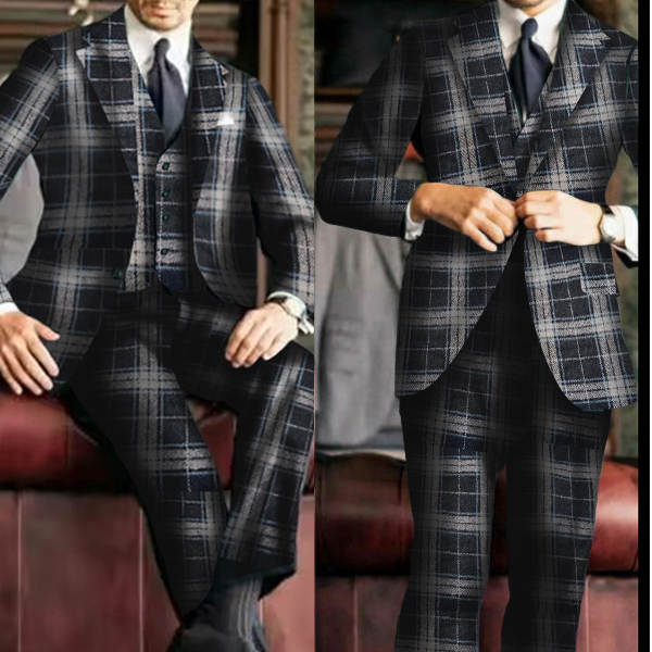 Men's Vintage Plaid Wool 3 Piece Suit, Tweed Blazer Vest Pants Wedding Formal Suit