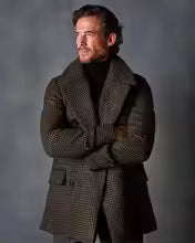 Men Dark Plaid Wool Coat Wide Lapel Double Breasted Mid Length Winter Business Casual Overcoat