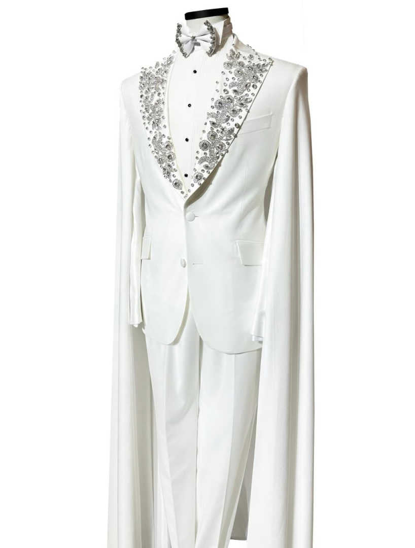 Men's 2-Piece White Cape Tuxedo Suit, Deep V Shawl Lapel Fully Crystal Rhinestones Flowing Long Cloak For Wedding Singer Stage Performance