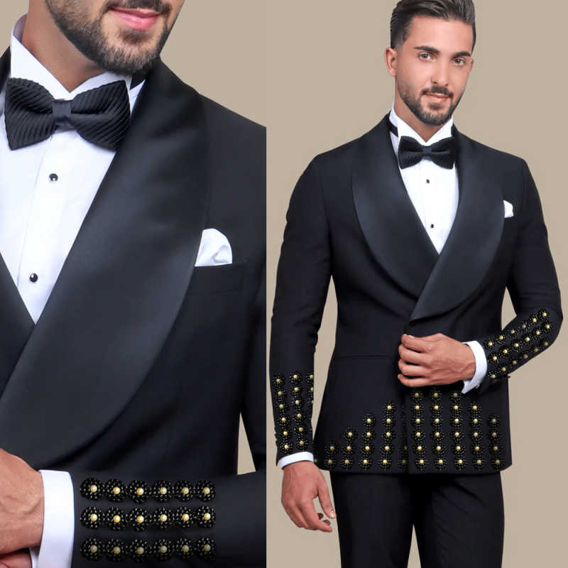 Men's Luxury Rhinestone Embellishments Tuxedo Blazer Shawl Lapel Double Breasted Prom Banquet Party Formal
