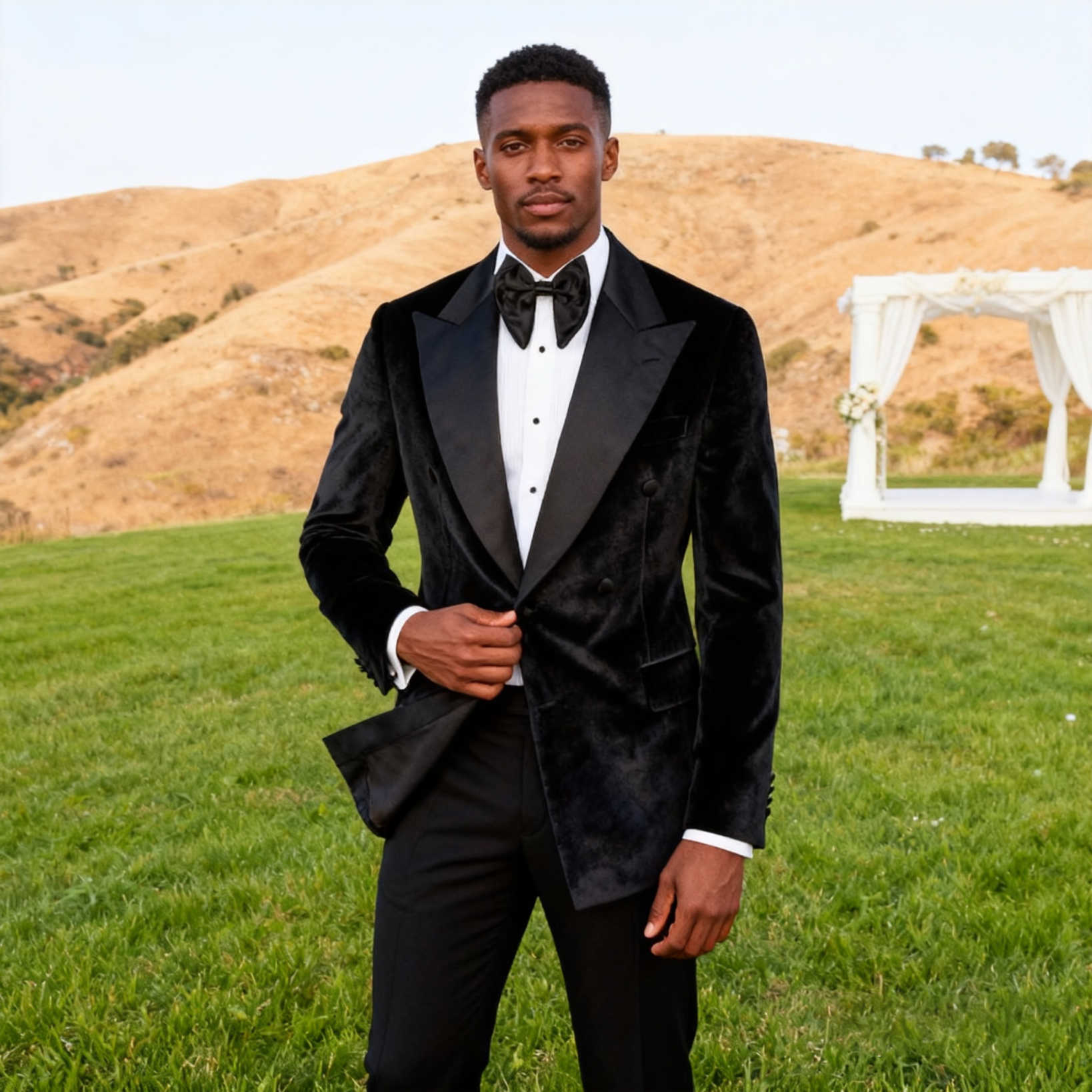 Men's Double Breasted Velvet Tuxedo Blazer In Black & Emerald Green, Wide Satin Peak Lapel Slim Formal Jacket For Wedding Banquet Stage