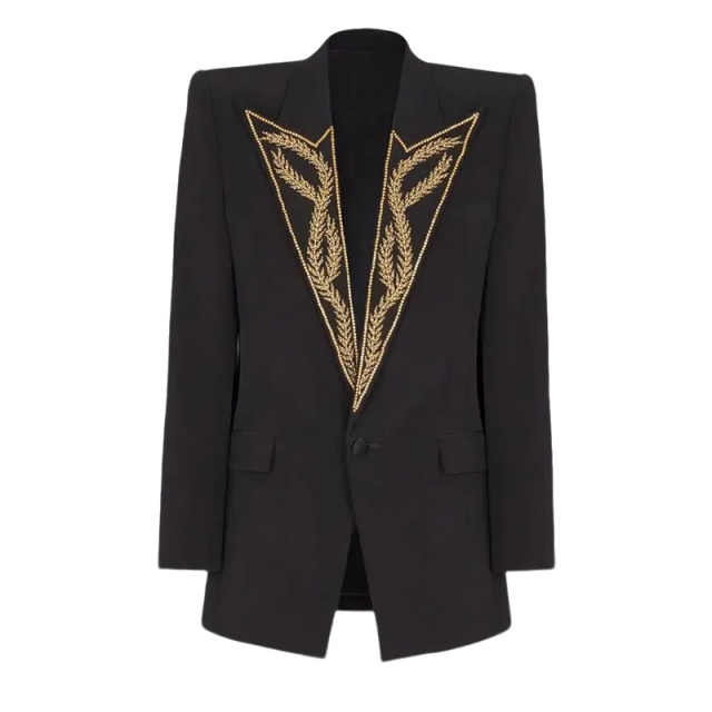 Men's 2-Piece Black Tuxedo Suit, Peak Lapel Symmetric Gold Wheat Embroidery, Slim Blazer & Trousers With Side Gold Stitch For Wedding Stage Banquet