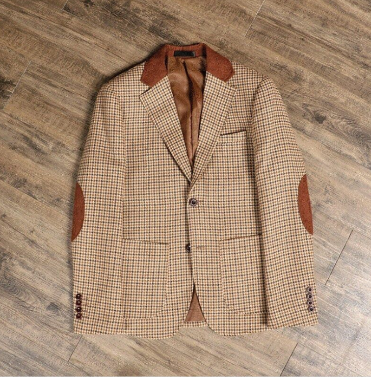 3 Pcs Men's Tweed Suit Retro Slim Houndstooth Blazer with Suede Patchwork Business Casual Jacket Vest Pants Sets