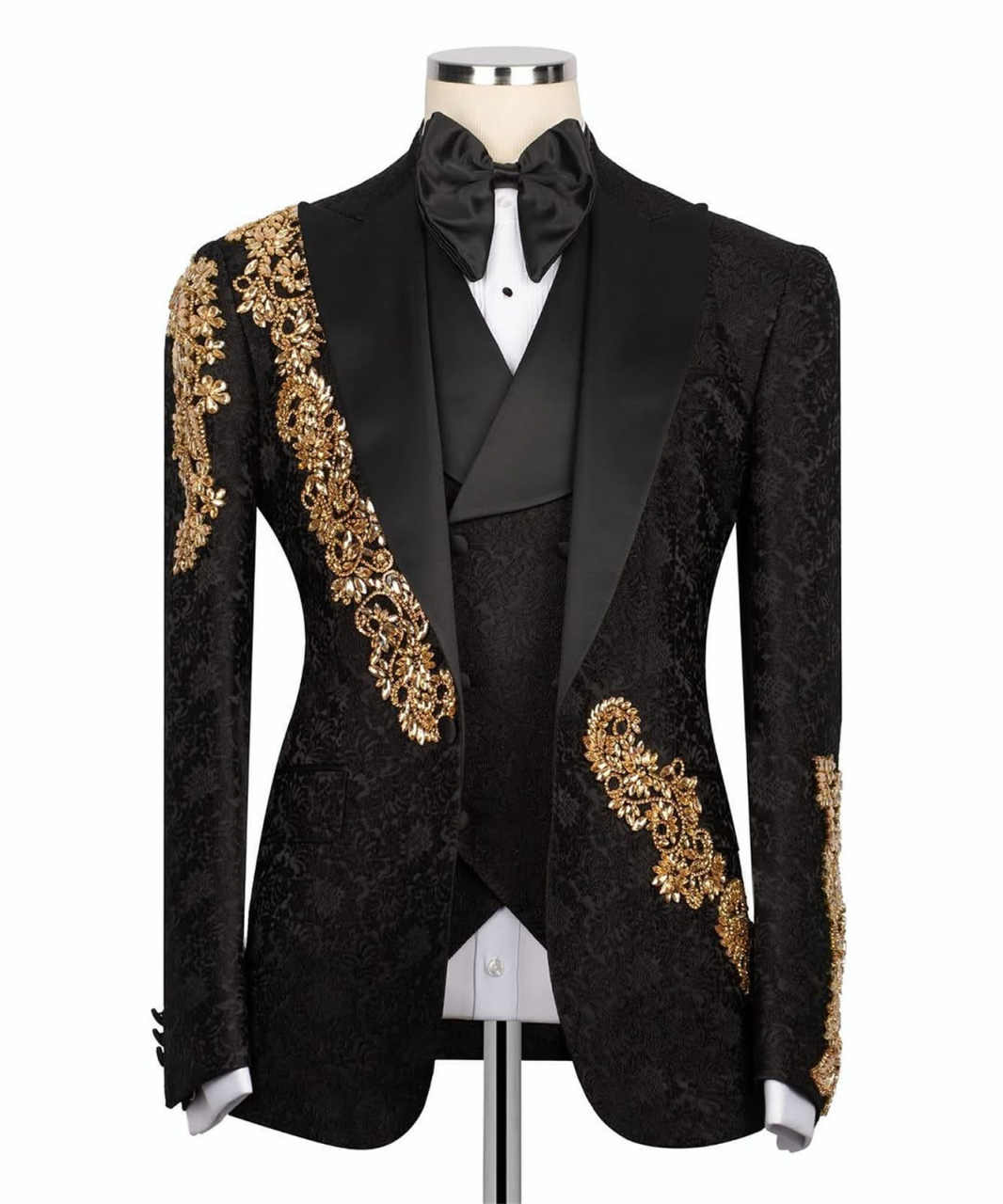 Men's Luxury Jacquard 3-Piece Suit with Rhinestone Slim Fit and Pointed Lapel, Suit Jacket, Vest, and Trousers Set, Suitable for Proms and Parties