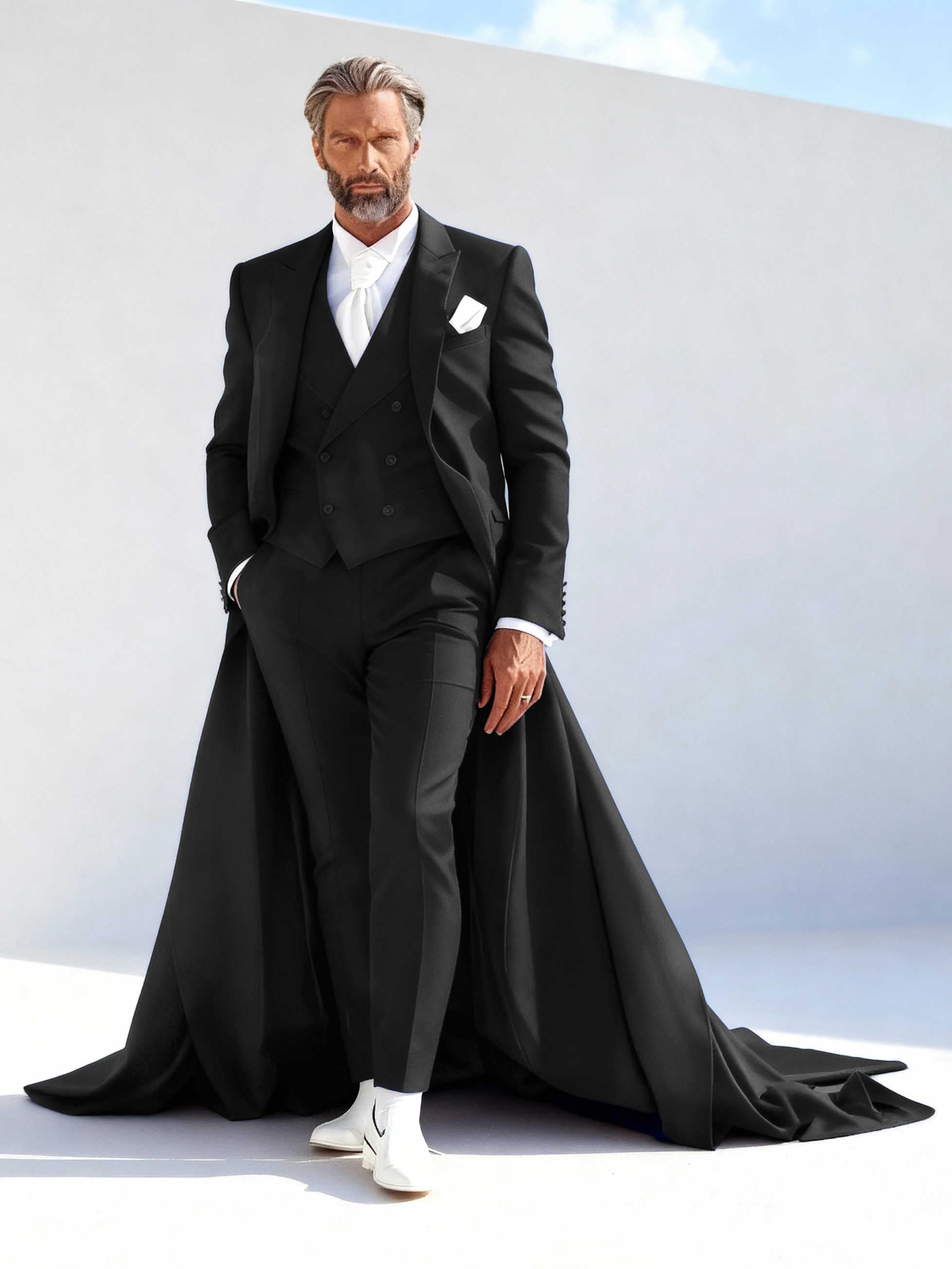 Men's 3 Piece Long Train Tuxedo Double Breasted Waistcoat Wedding Photoshoot Suit