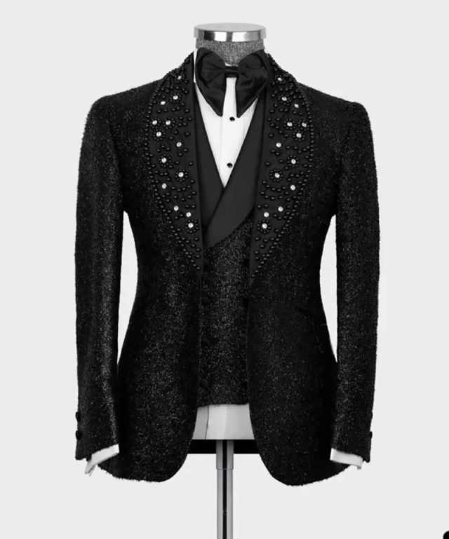 Men's Black Glitter Tweed Tuxedo, Velvet Shawl Lapel with Gradient Black & White Beads, Slim Formal Blazer & Waistcoat for Wedding Stage Show