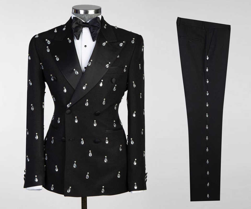 Black Crystals Men Suits Set 2 Piece Blazer+Pant Double Breasted Wedding Tuxedo Coat Customized Formal Office Jacket Trousers