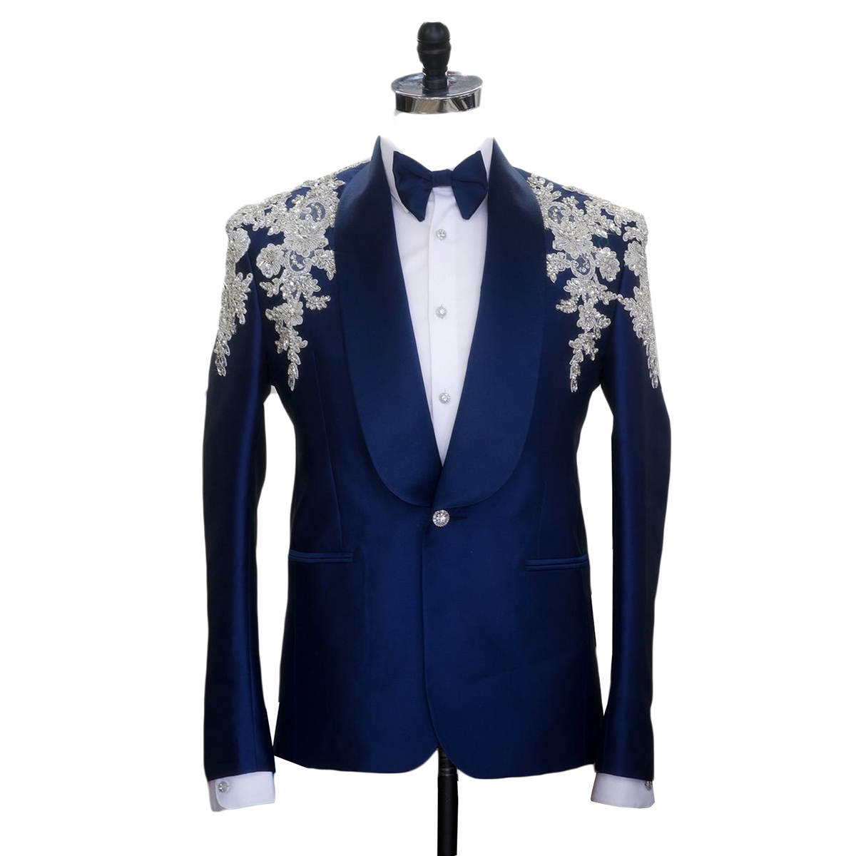 Men's Royal Blue Satin Shawl Lapel Tuxedo Jacket, Hand Silver Floral Rhinestone Embroidery On Shoulders Slim Formal Blazer for Groom Wedding Banquet