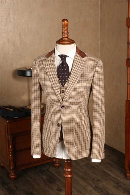 Retro 3 Piece Brown Tweed Herringbone Wedding Suits Regular Fit Blazer Vest Pants Set for Prom Dinner Business