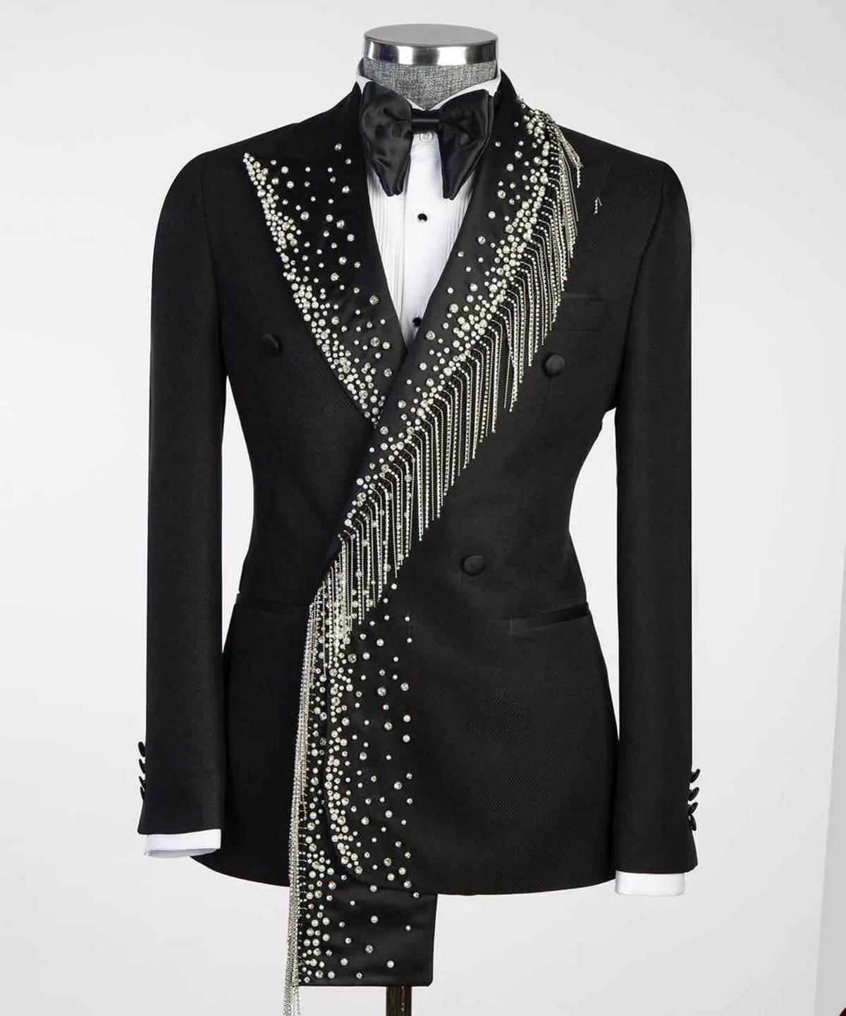 Men's Black Double Breasted Tuxedo with Handmade Rhinestone Fringe Lapel, Slim Formal Suit for Groom Wedding Stage Hosting