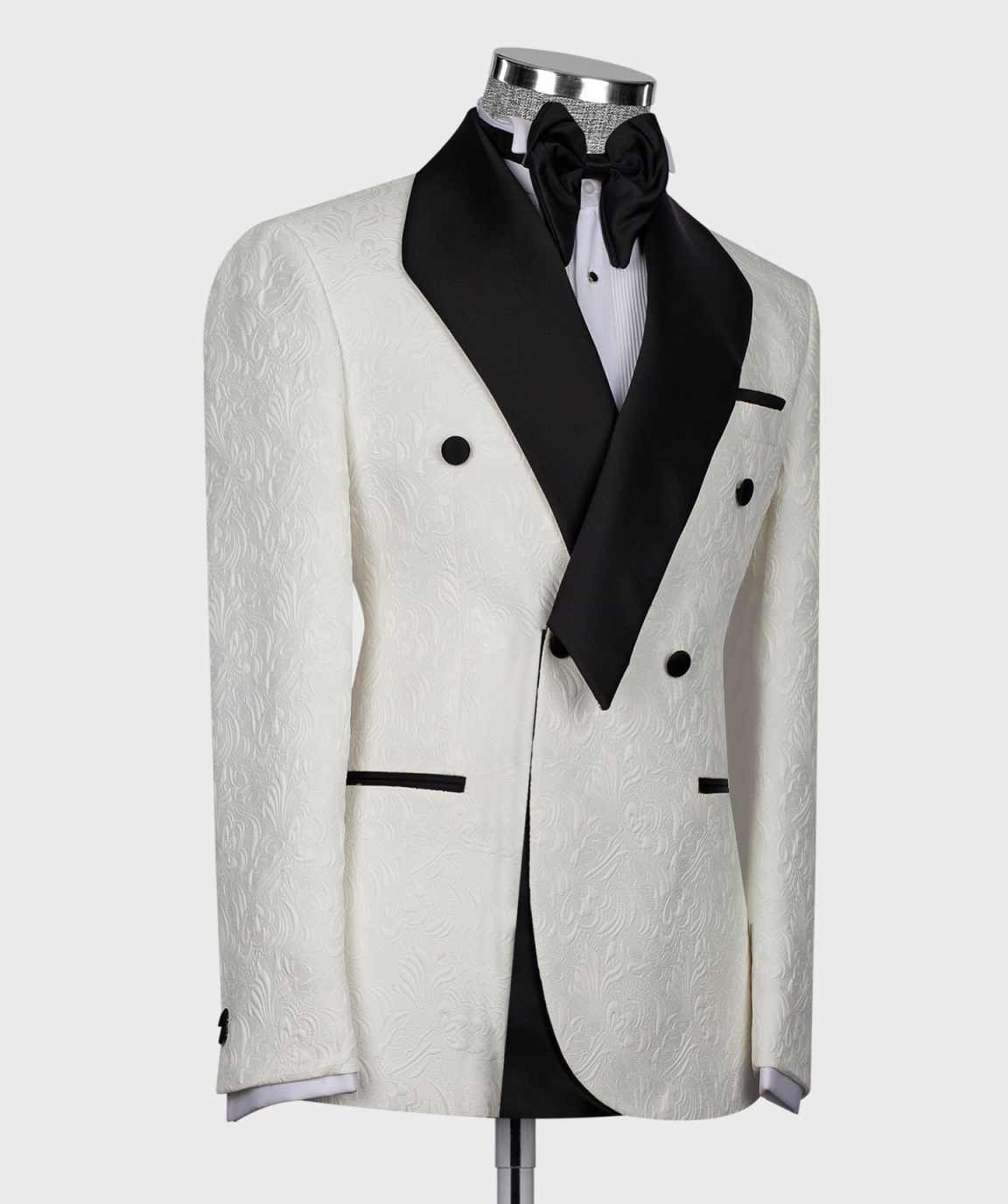 Men's White Embossed Jacquard Double Breasted Tuxedo Satin Shawl Lapel Wedding Suit Jacket
