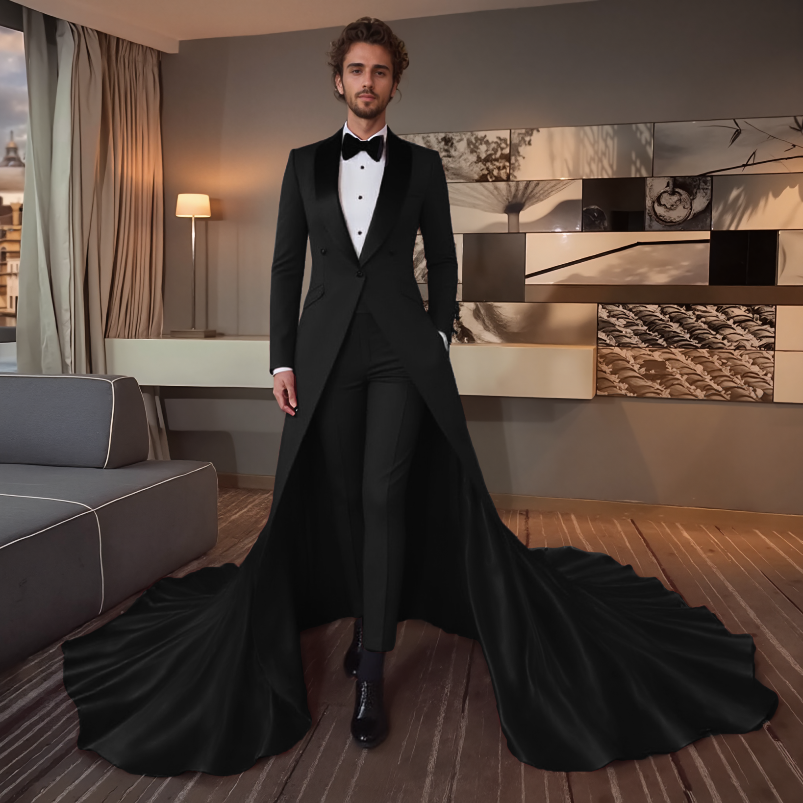 Men's Satin Long Train Tailcoat Tuxedo Peak Lapel Wedding Groom Stage Suit Jacket
