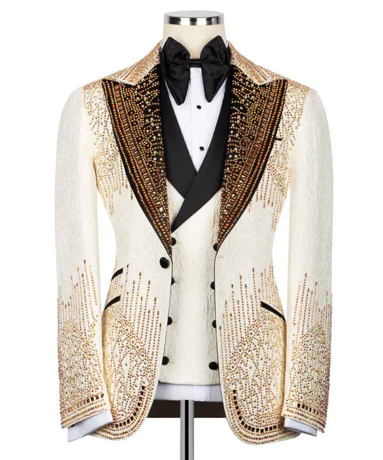 French style Shiny Beadwork Men Suits Slim Fit Peak Lapel Groom Wedding Tuxedos Male Prom Blaers 3Pieces Sets trajes para hombre