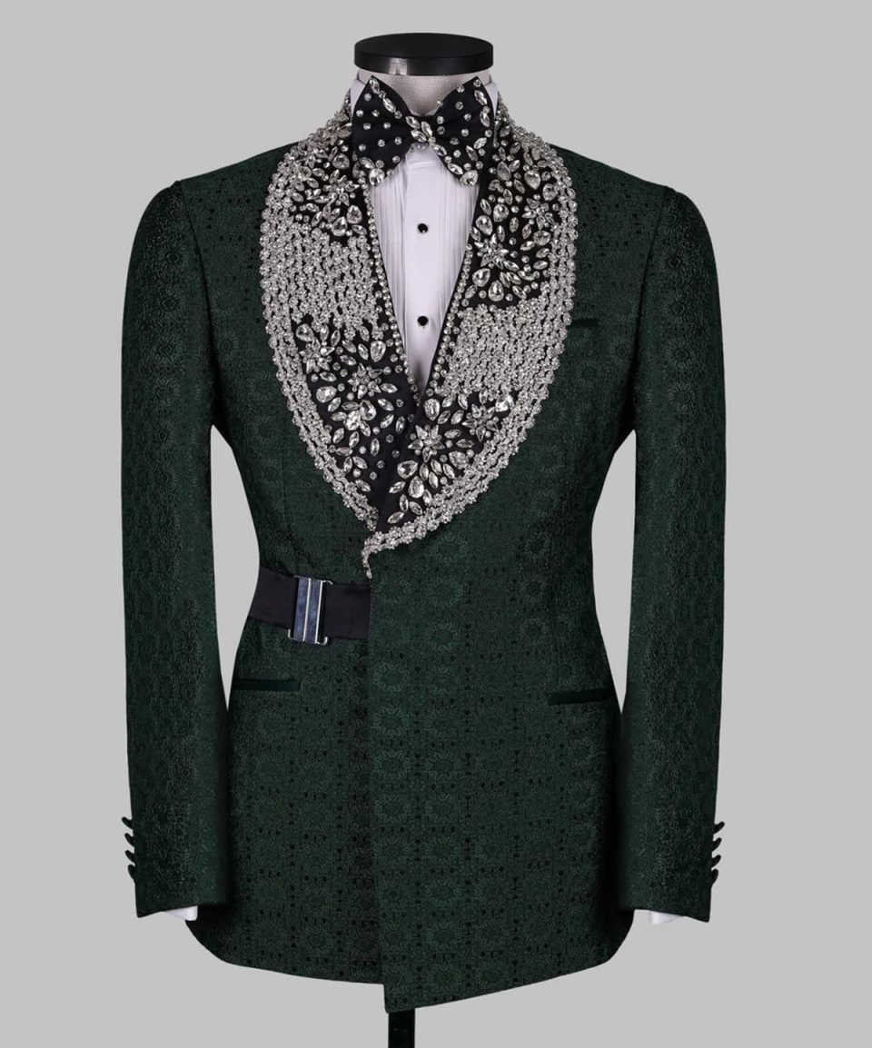 Men's Black & Dark Green Jacquard Tuxedo Jacket, Shawl Lapel Fully Covered 3D Floral Rhinestones with Metal Buckle Waist Belt, Slim Formal Blazer for Wedding Stage Show