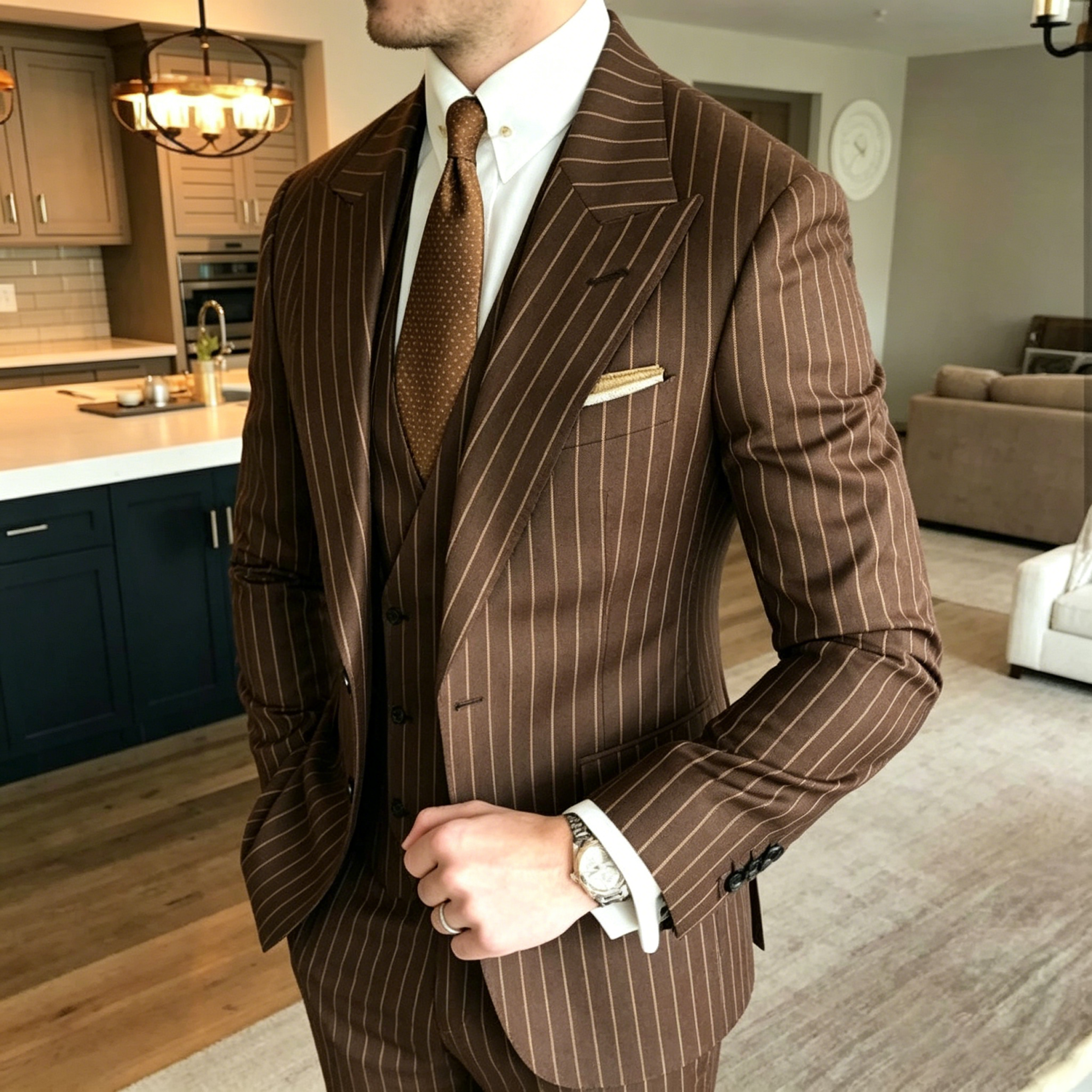 Fashion Mens Pants Suits Pin Striped 3 Pieces Wide Peak Lapel Business Wedding Tuxedos
