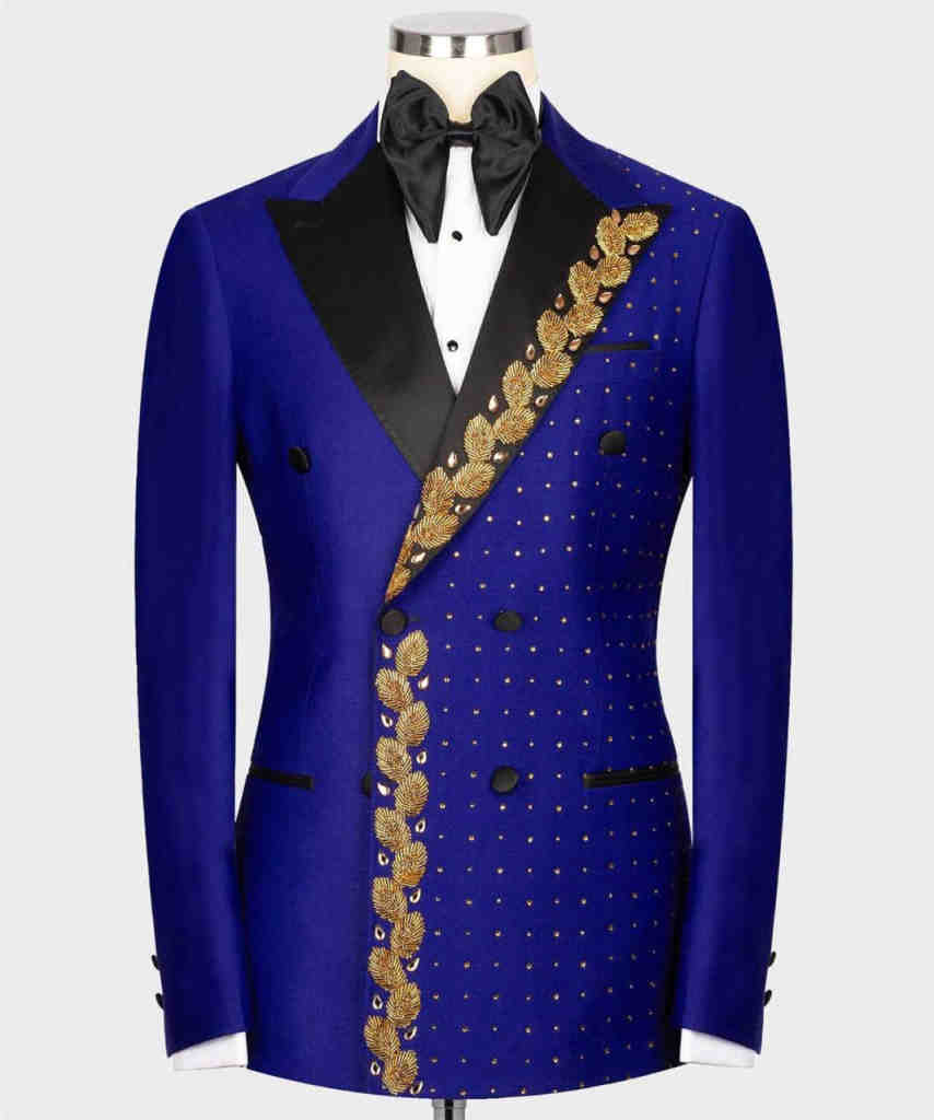 Men's Feather Embroidery Rhinestone Double Breasted Tuxedo 2 Piece Suit