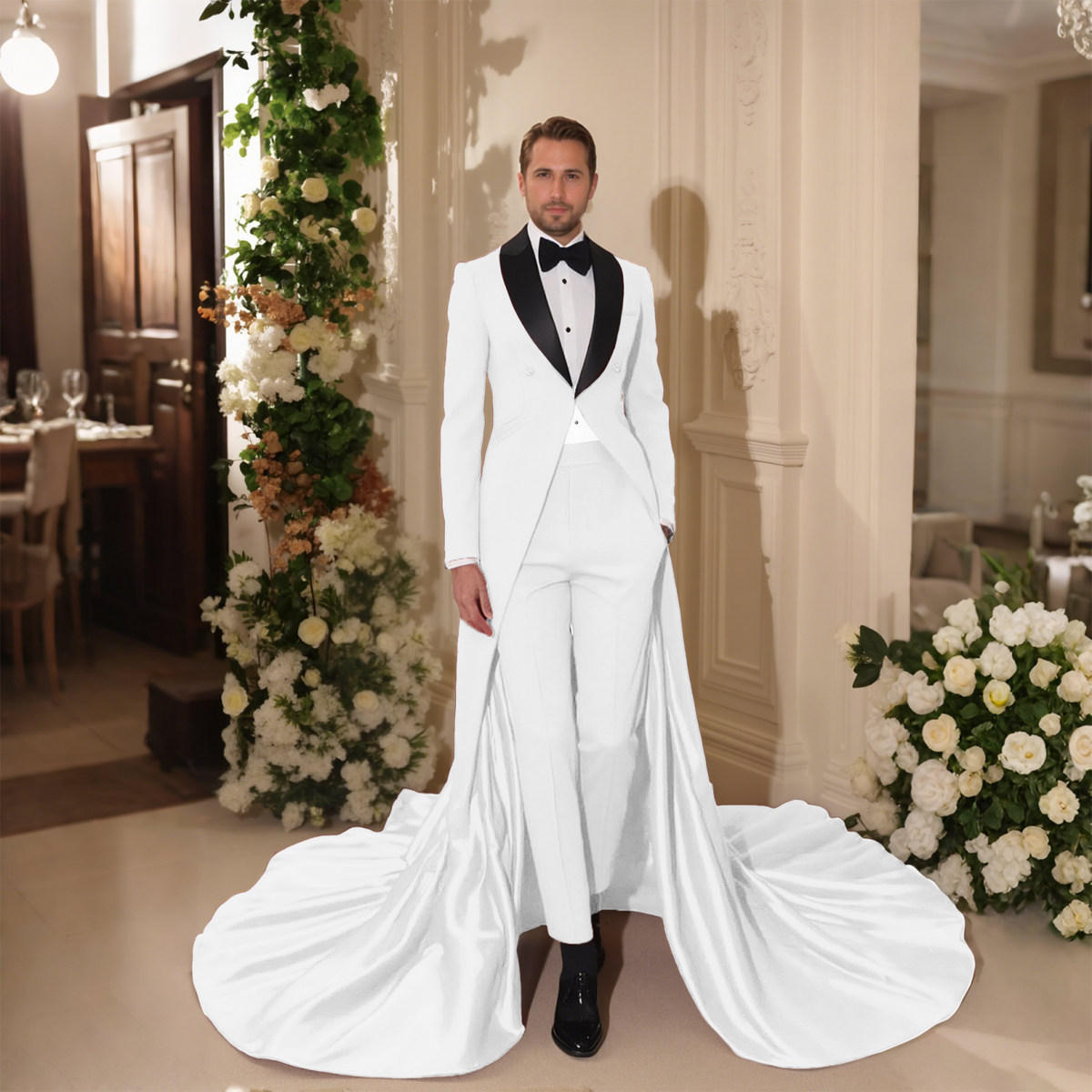 Men's Satin Long Train Tailcoat Tuxedo Peak Lapel Wedding Groom Stage Suit Jacket